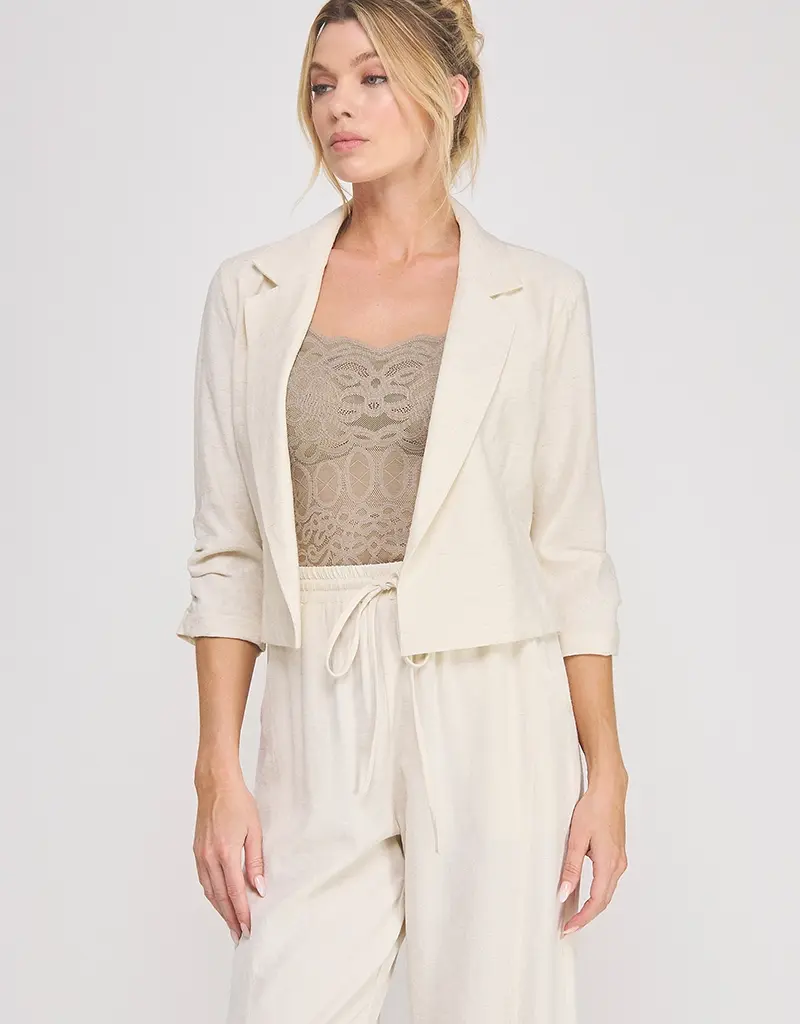 509 Broadway Linen Cropped Cinched Sleeve Blazer