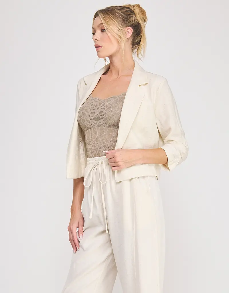 509 Broadway Linen Cropped Cinched Sleeve Blazer