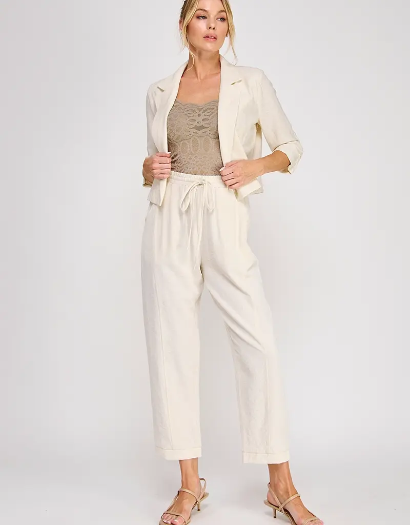 509 Broadway Linen Cropped Cinched Sleeve Blazer