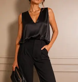 509 Broadway V-Neck Bubble Hem Satin Top