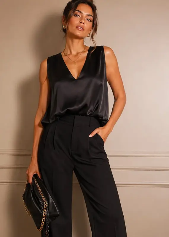 509 Broadway V-Neck Bubble Hem Satin Top