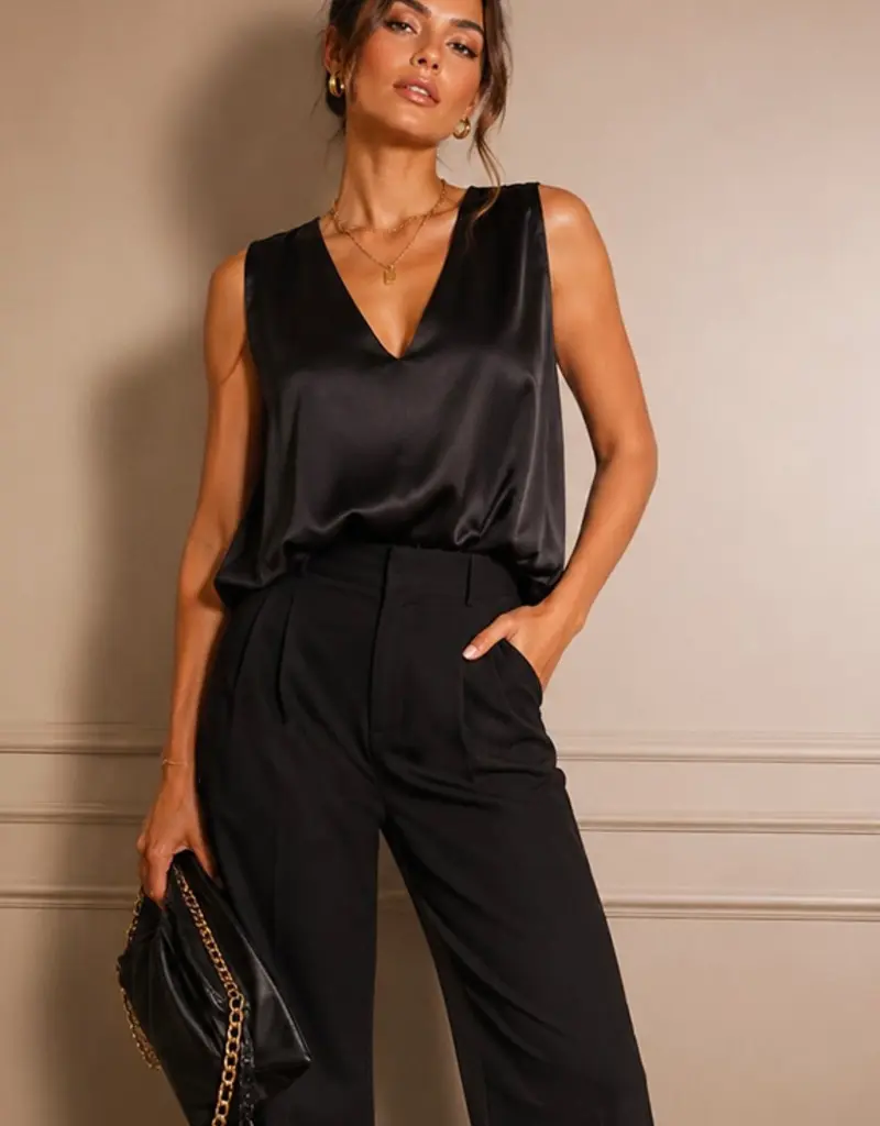 509 Broadway V-Neck Bubble Hem Satin Top