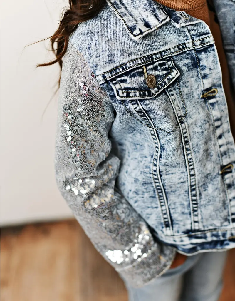 509 Broadway Girls Sequin Sleeve Denim Jacket