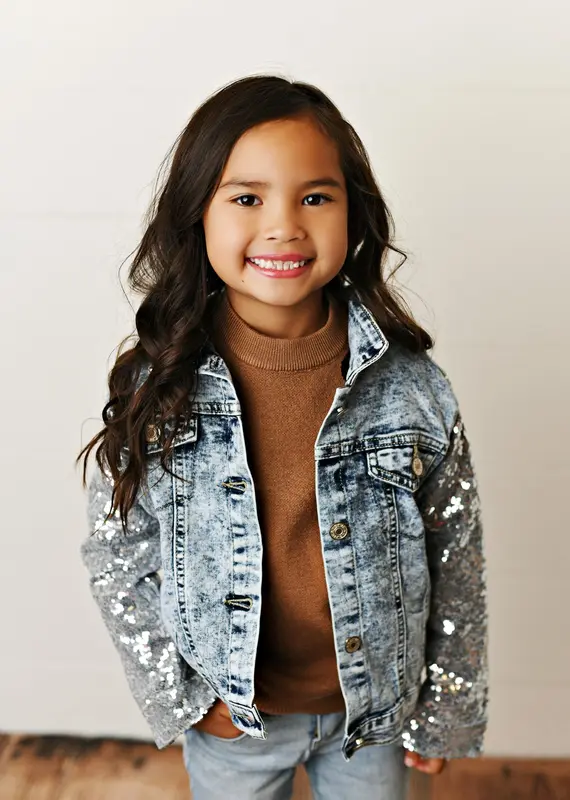 509 Broadway Girls Sequin Sleeve Denim Jacket
