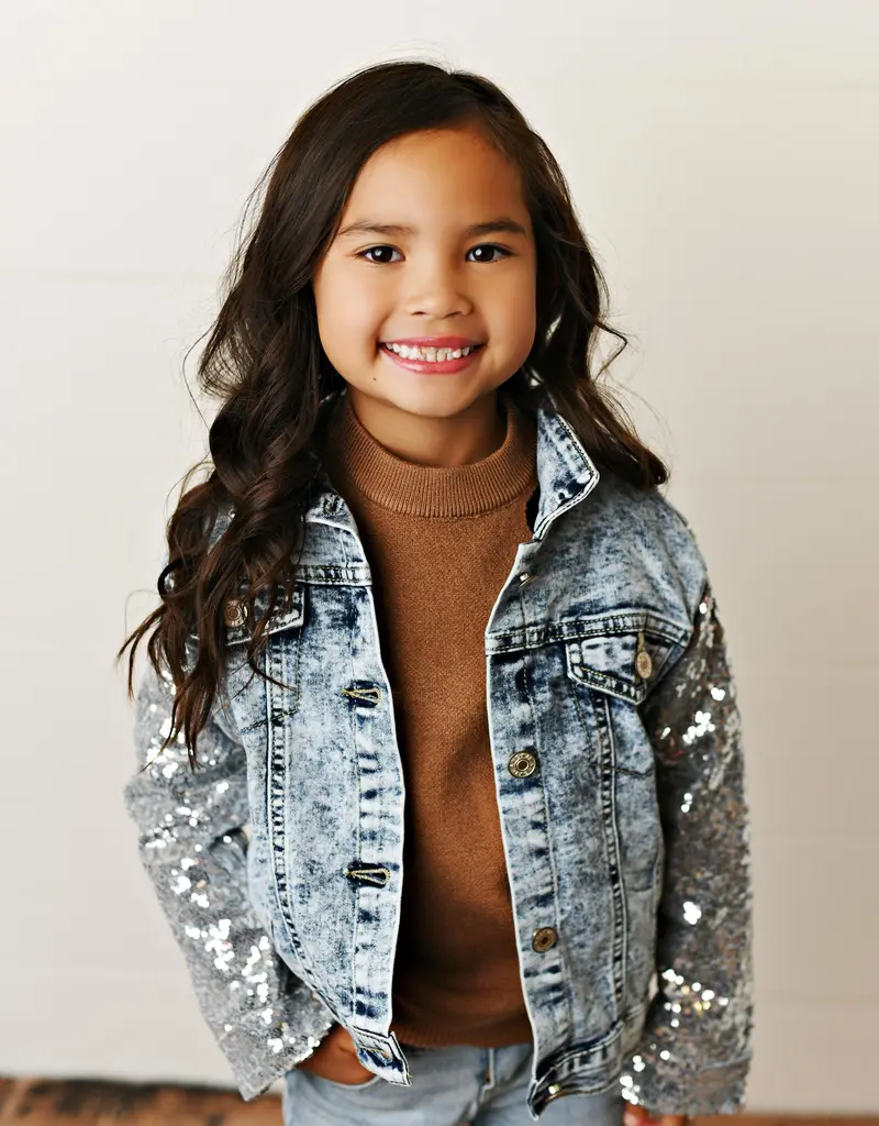 509 Broadway Girls Sequin Sleeve Denim Jacket