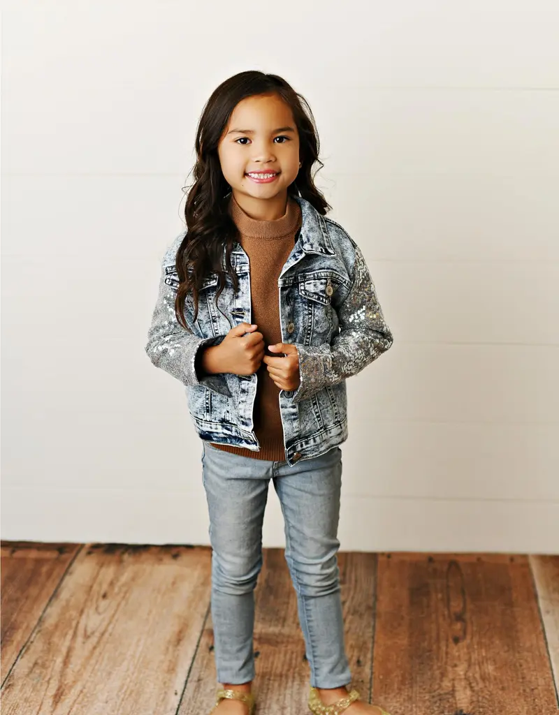 509 Broadway Girls Sequin Sleeve Denim Jacket