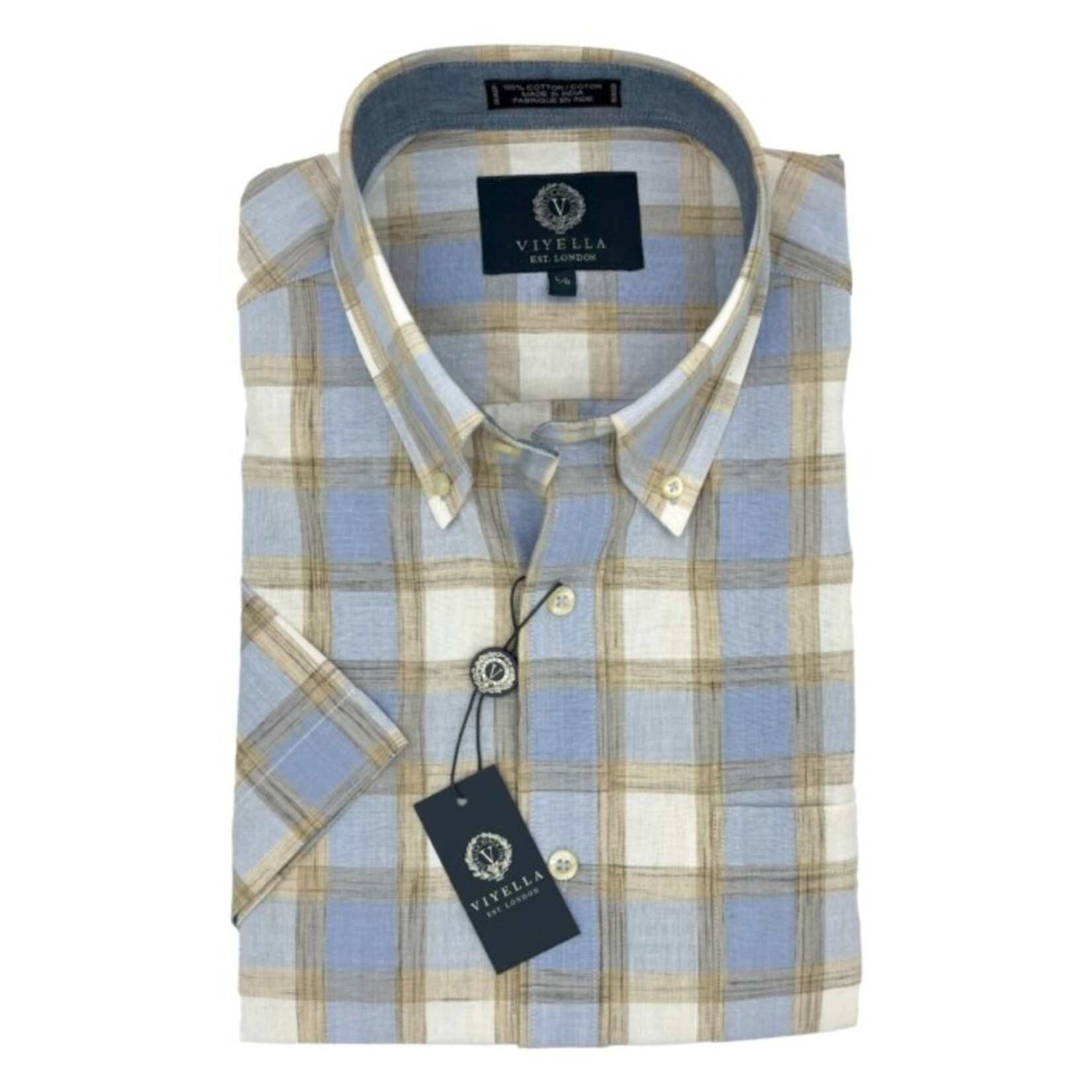 Viyella S25 654317 100% Cotton Madras S/S Shirt - Light Blue