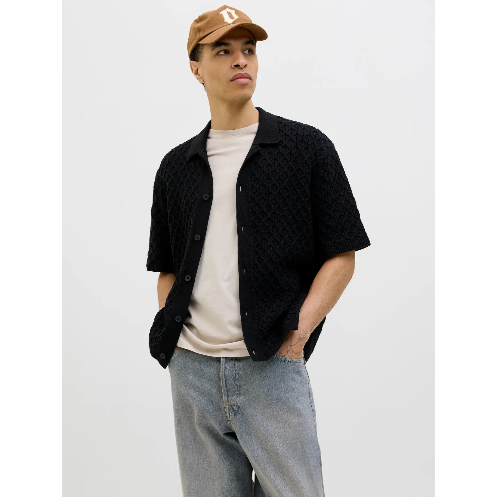 Jack & Jones Cable Knit Button up - Black