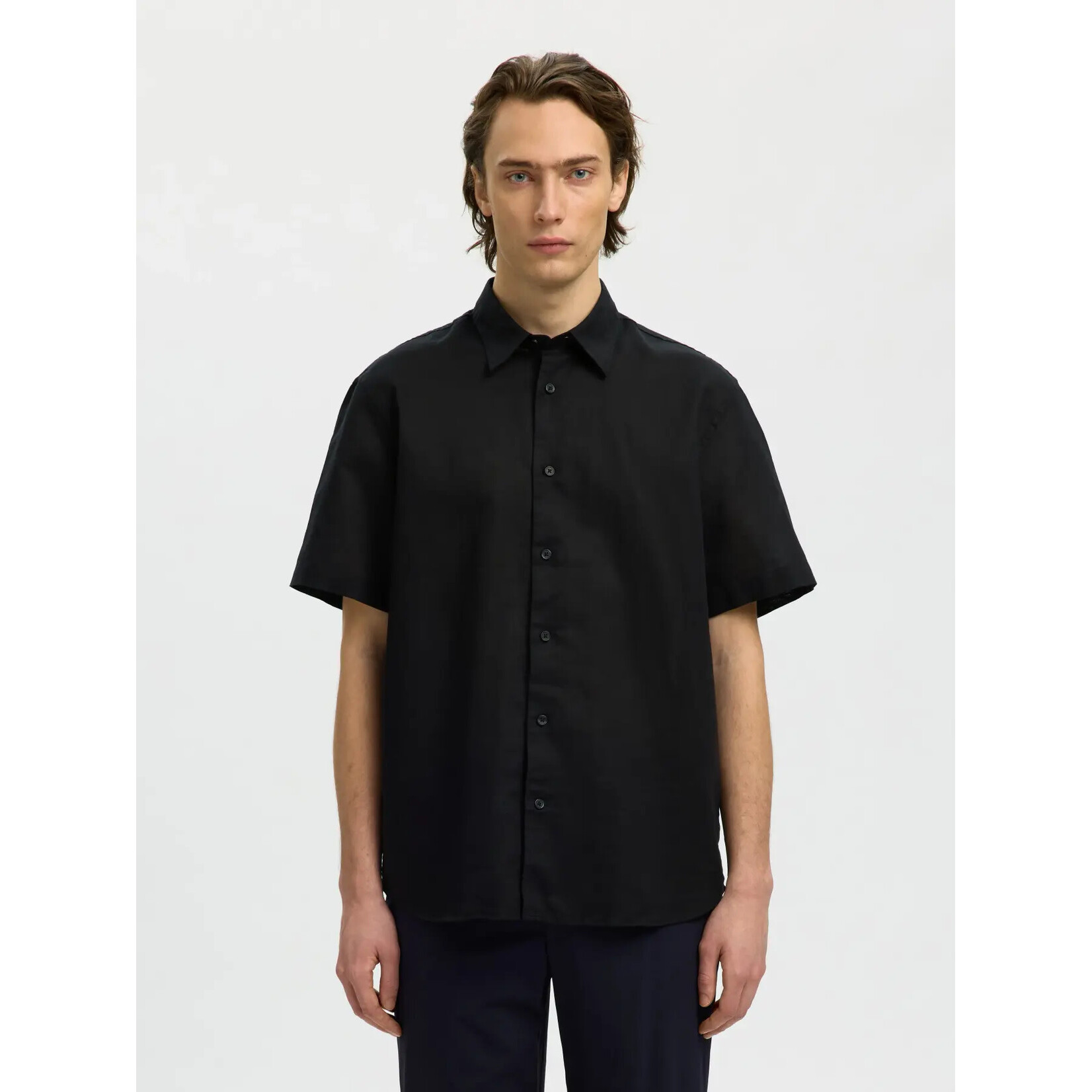 Selected Short Sleeve Linen Blend Shirt 16101200 - Black