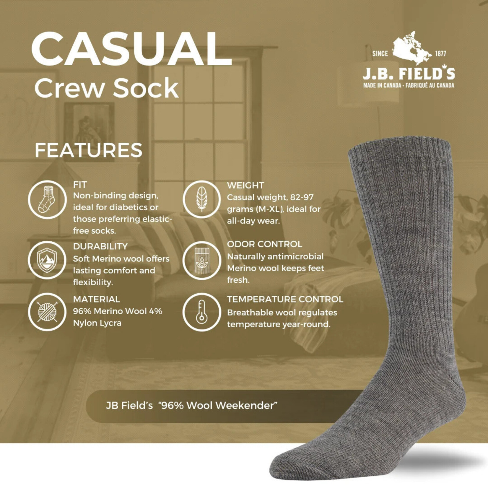 JB Fields Merino Wool Weekender Socks - Charcoal