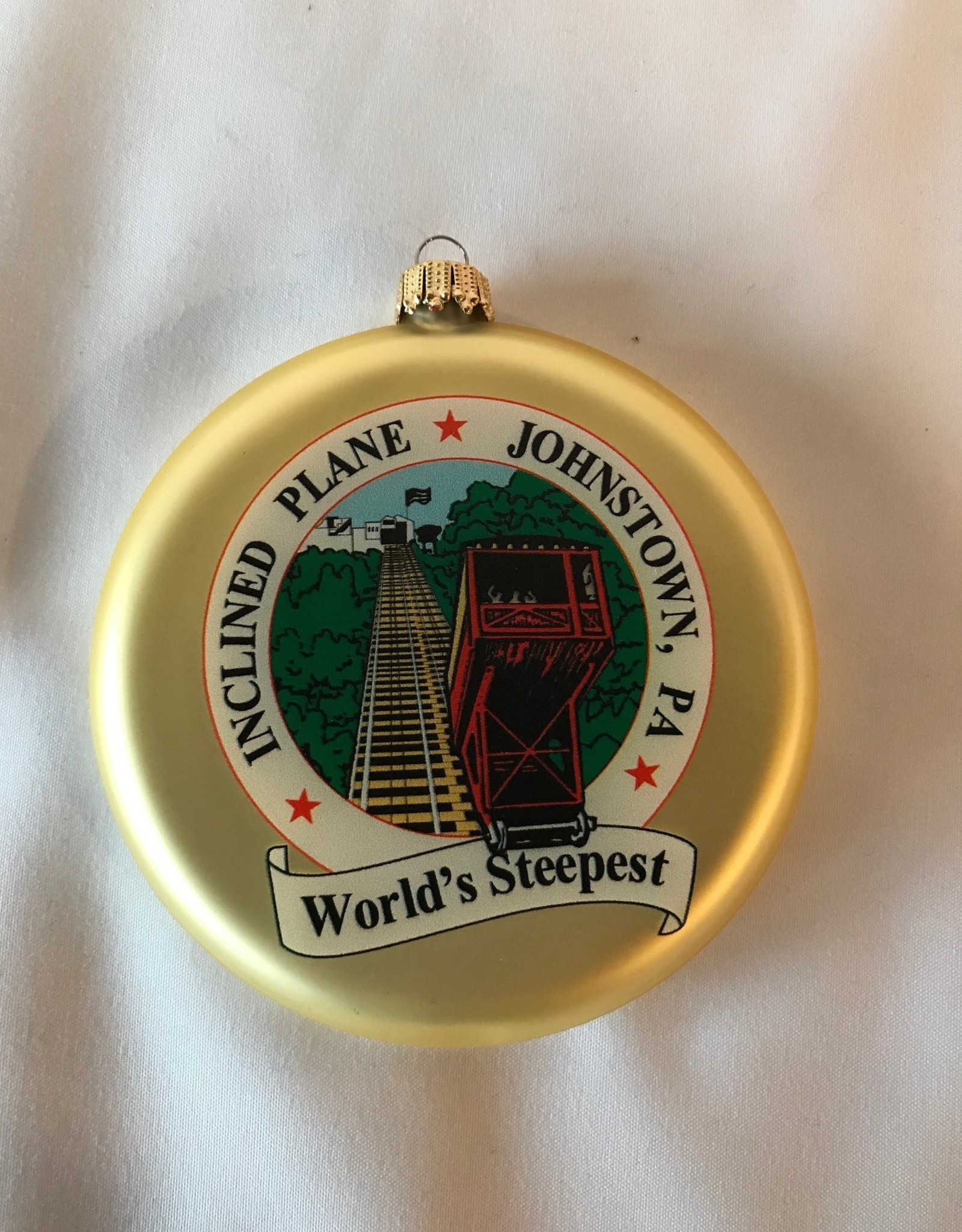 Flat Round Glass Gold Ornament w/ Inclined Plane Logo