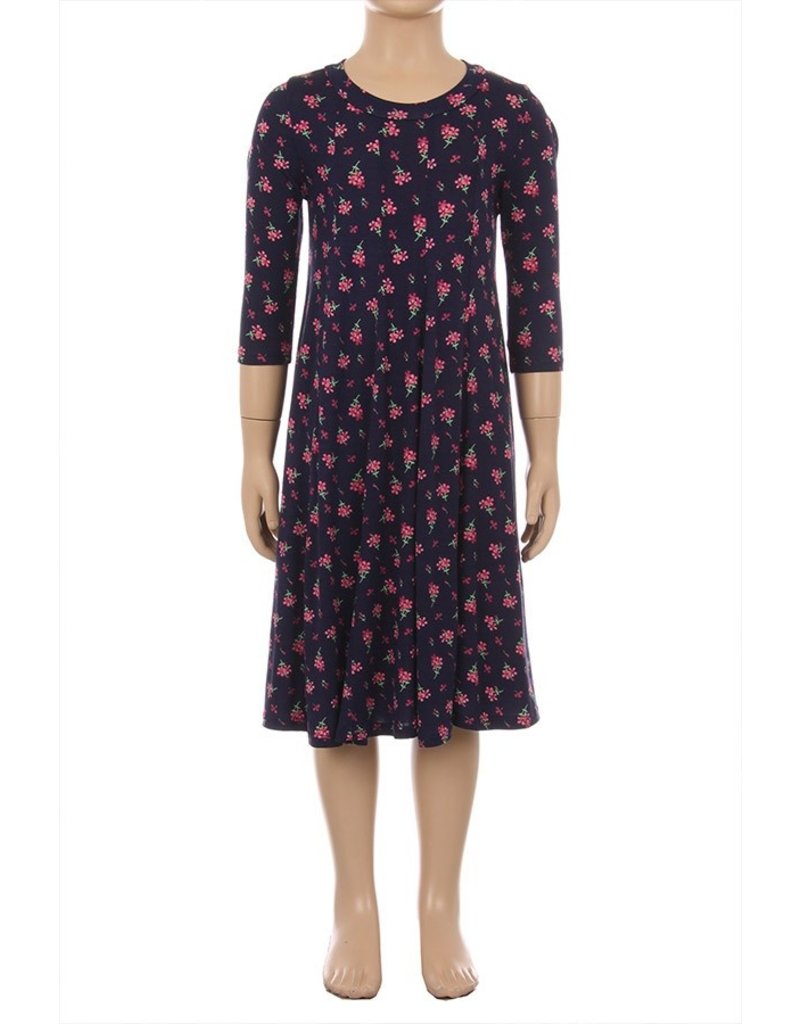 New Moa Collection Navy floral 3qtr sleeve dress with seamed detail