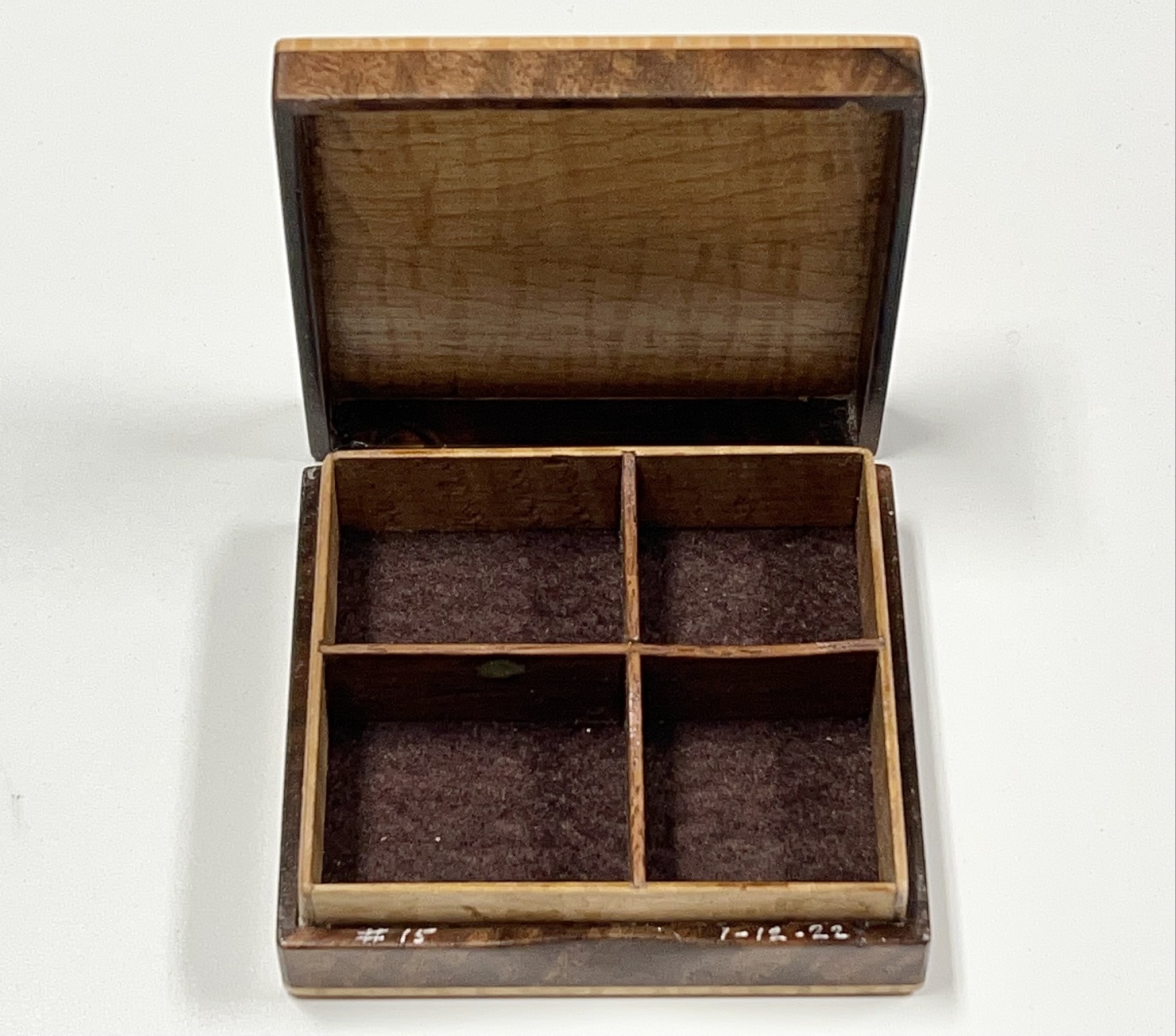 Dutch Box - Sandy's Model #15 -Fiddleback Maple+Walnut with Turquoise
