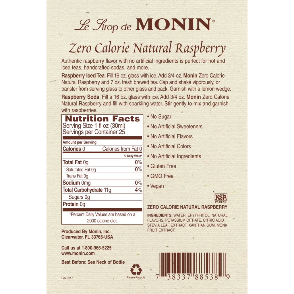 Monin Zero Calorie Raspberry Syrup - 1L