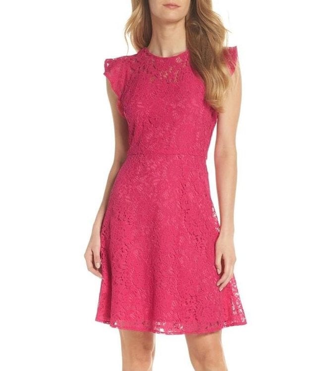 pink fit and flare dress with sleeves