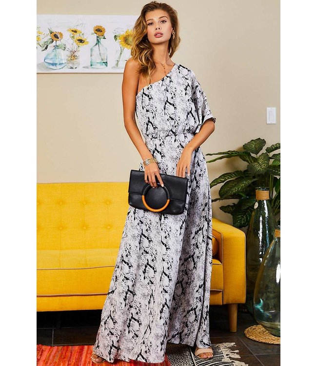 Main Strip Ruffle One Shoulder Snake Maxi Dress