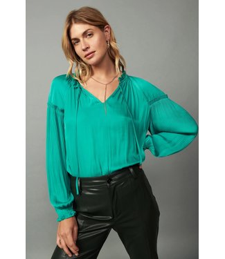 Current Air Long Sleeve Ruffled Split Neck with Self Tie and Pleat Detail Blouse