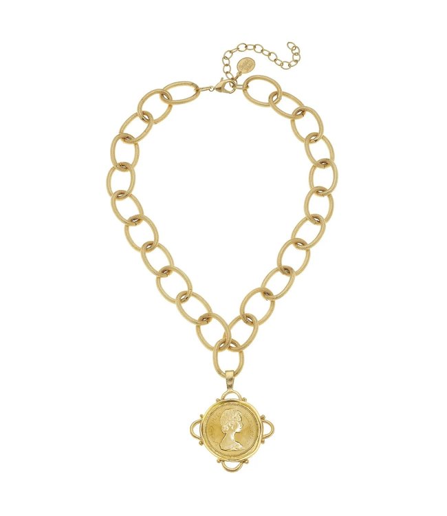 Susan Shaw Handcast Gold Queen Elizabeth Coin Scalloped Pendant on Chain Necklace