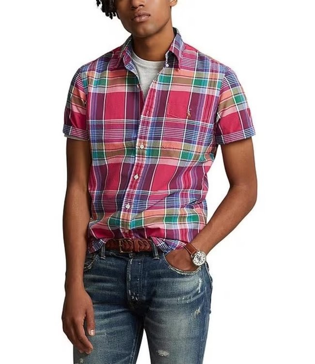 Classic-Fit Multi-Color Plaid Oxford Short-Sleeve Woven Shirt - Abraham's
