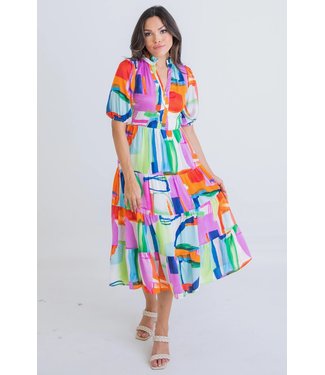 Karlie Colorful Abstract Satin V-Neck Tier Maxi Dress