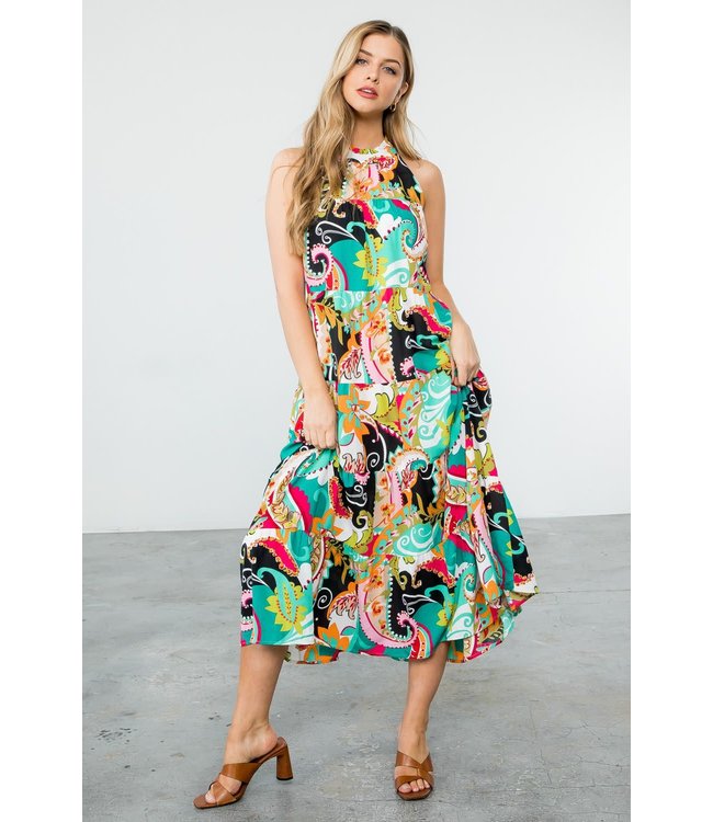 THML Halter Paisley Tiered Maxi Dress