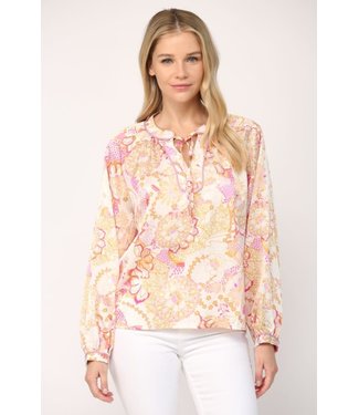 Fate by LFD Floral Piping Split Neck Top