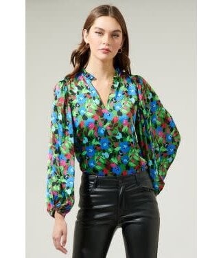 Sugarlips Destine Floral Hathaway Split Neck Long Sleeve Blouse