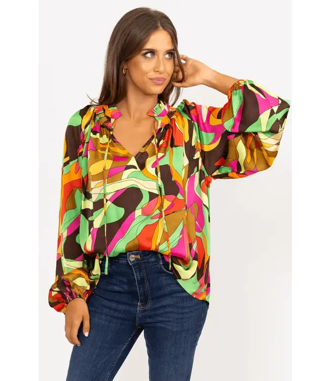 Karlie Abstract Satin V-Neck Top