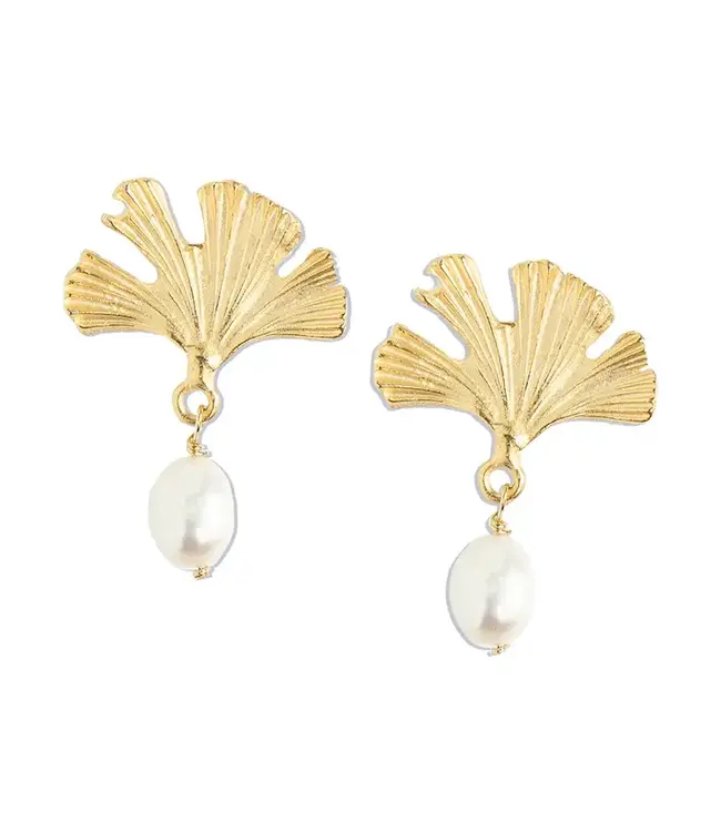 Susan Shaw 24K Gold Plated Gingko Leaf and Freshwater Pearl Drop Earrings