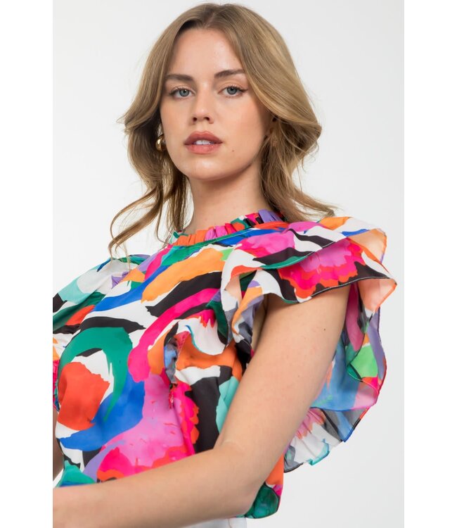 THML Flutter Sleeve Multi Color Print Top