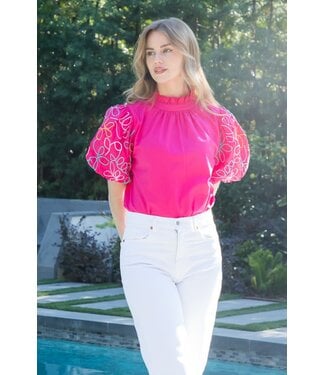 THML Embroidered Puff Sleeve Top