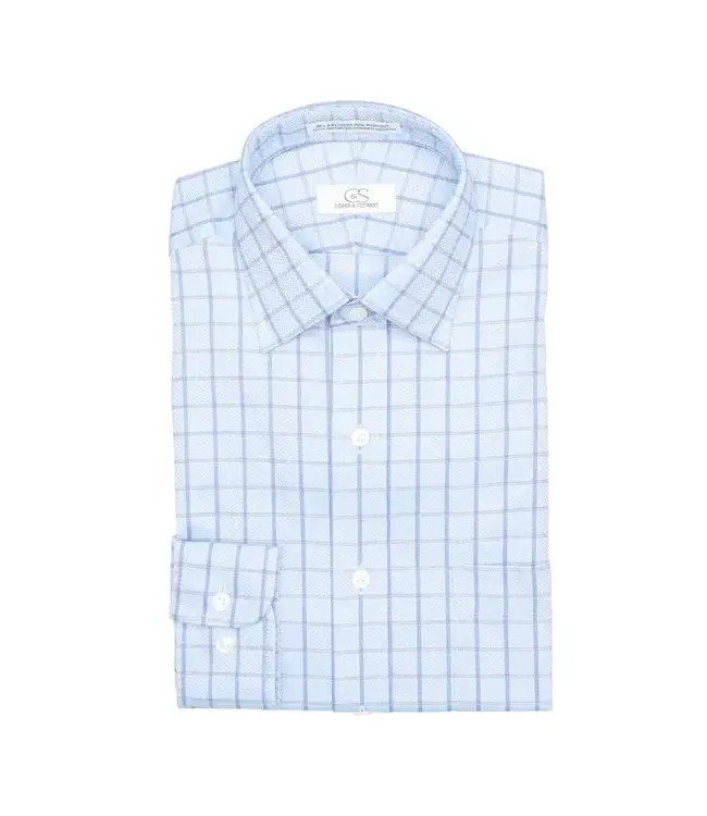 Cooper & Stewart Text Box Check Blue Tailored Fit Spread Collar