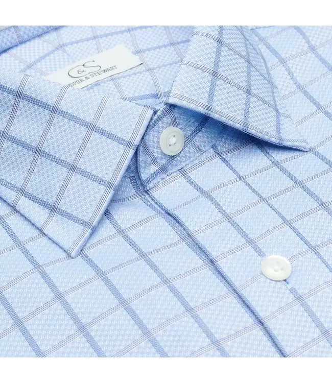 Cooper & Stewart Text Box Check Blue Tailored Fit Spread Collar