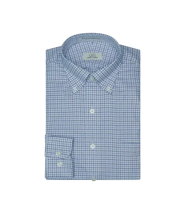 Cooper & Stewart White Ground Plaid Blue Tailored Fit Button Down Collar