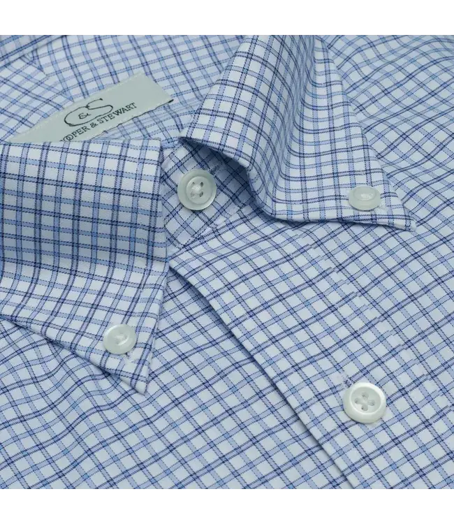 Cooper & Stewart White Ground Plaid Blue Tailored Fit Button Down Collar