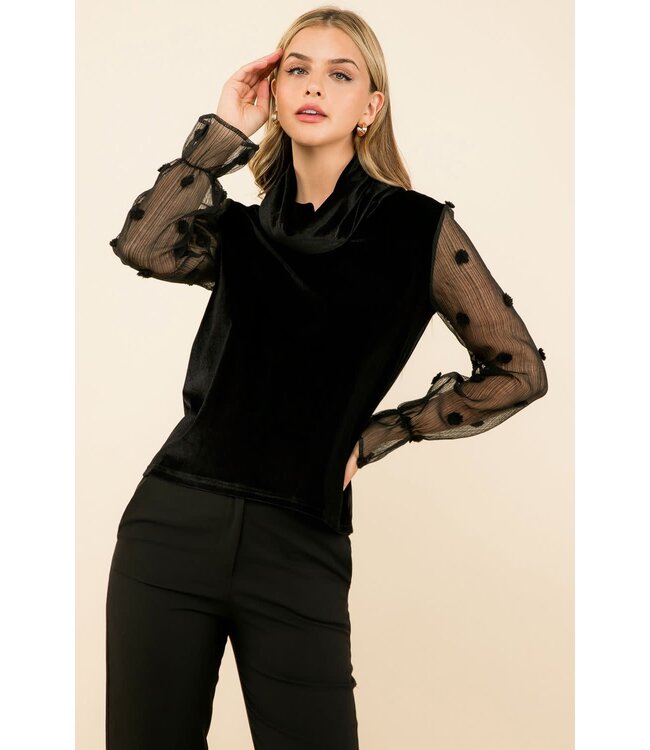 THML Velvet Turtleneck Mesh Sleeve Top