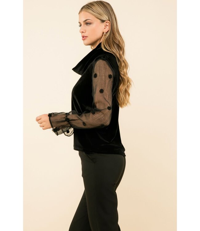 THML Velvet Turtleneck Mesh Sleeve Top
