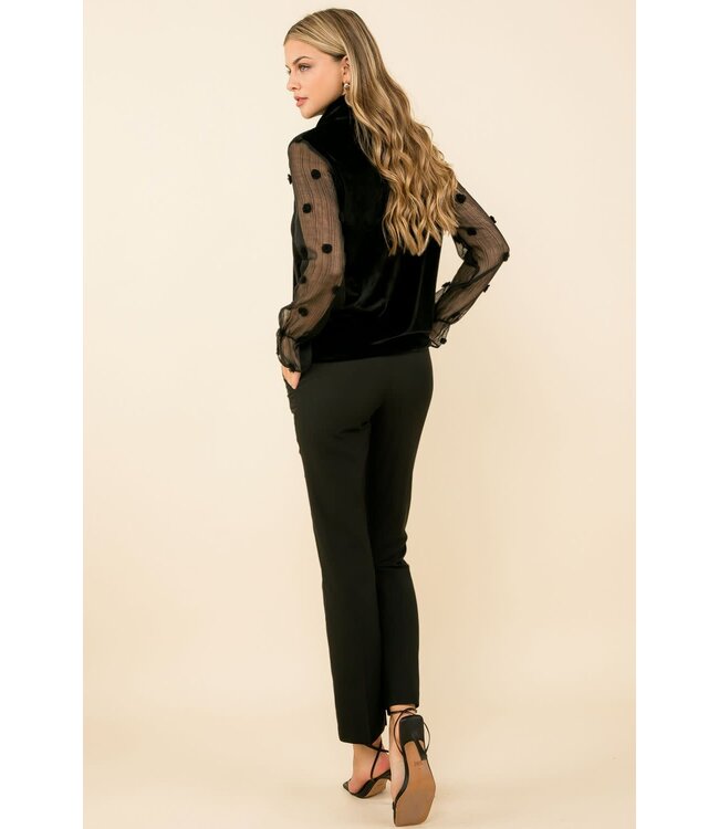 THML Velvet Turtleneck Mesh Sleeve Top