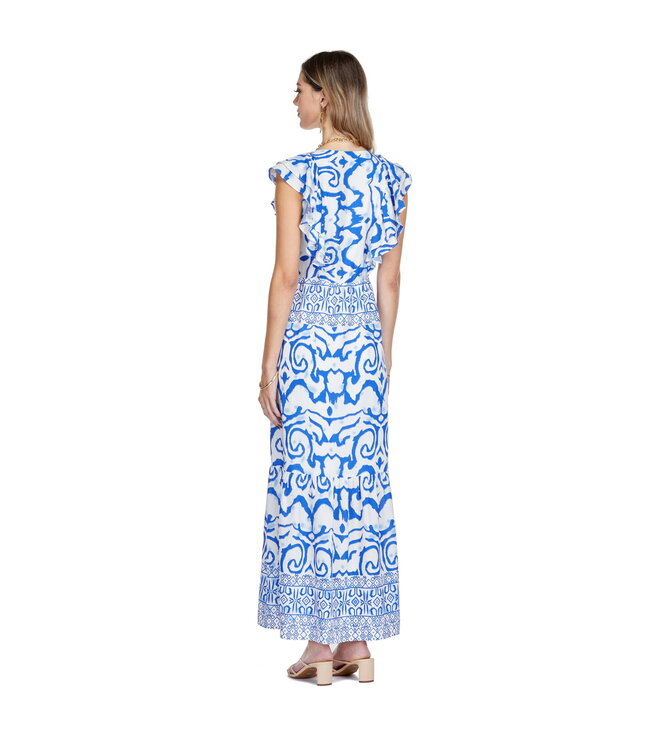 Joy Joy Ruched V-Neck Ruffles Maxi Dress