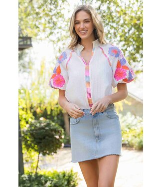 THML Embroidered Puff Sleeve Top