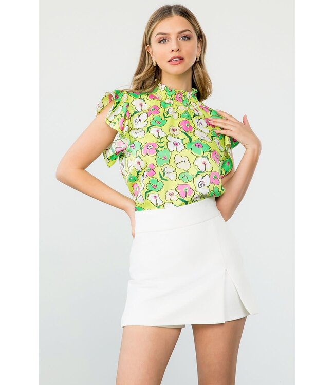 THML Flower Print Flutter Sleeve Blouse
