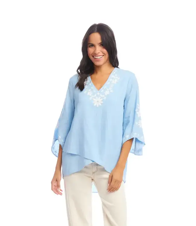 Karen Kane Bracelet Sleeve Embroidered Asymmetric Top