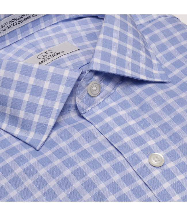 Cooper & Stewart Blue Text Dobby Check Tailored Fit Spread Collar