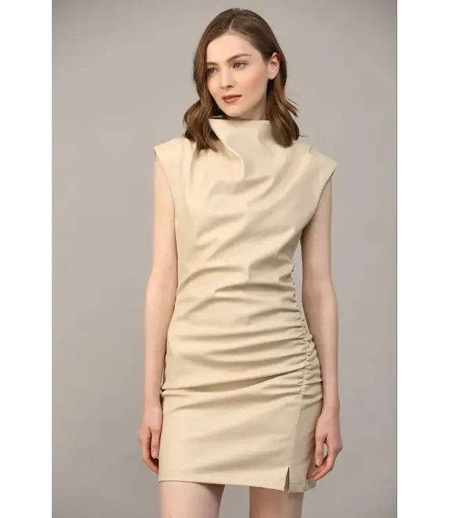 Fate by LFD Ruched Detail Cowl Neck Faux Leather Dress