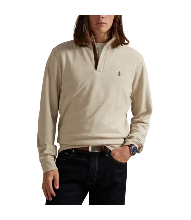 Long-Sleeve Double Knit Jersey 1/2 Zip Pullover W/ Suede Placket - Solid