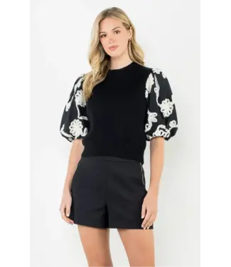 THML Embroidered Puff Sleeve Shirred Knit Top