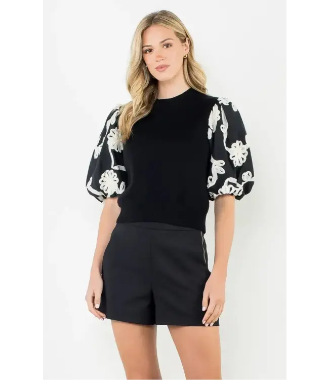 THML Embroidered Puff Sleeve Shirred Knit Top