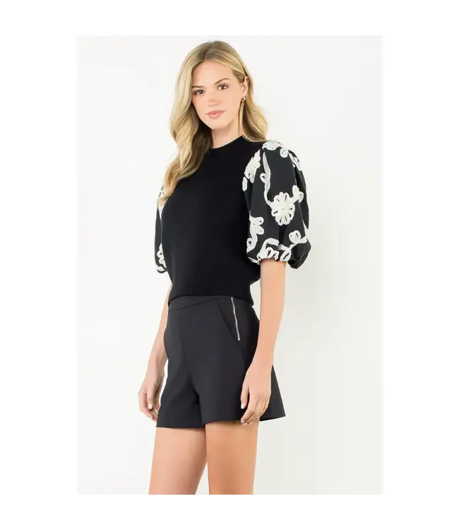 THML Embroidered Puff Sleeve Shirred Knit Top