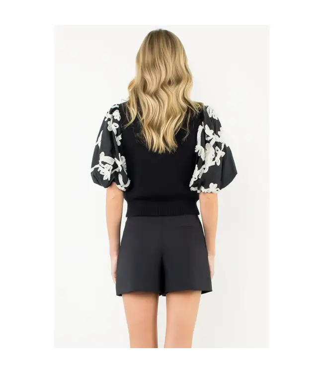 THML Embroidered Puff Sleeve Shirred Knit Top
