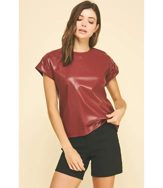 Pinch Faux Leather Cap Sleeve Top